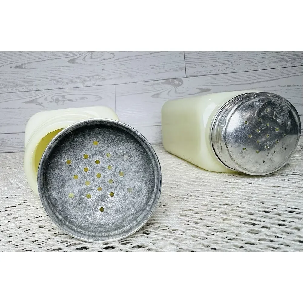 Vintage McKee Yellow Custard Uranium Glass Shaker Set Of 2 w/lids Art Deco 1930s